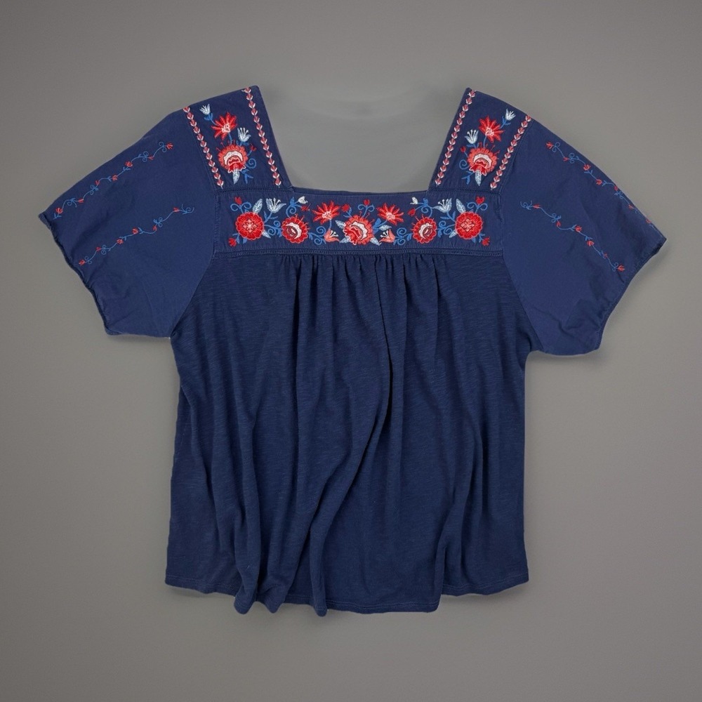 Boho Embroidered Floral Peasant Blouse Navy XL Time and Tru